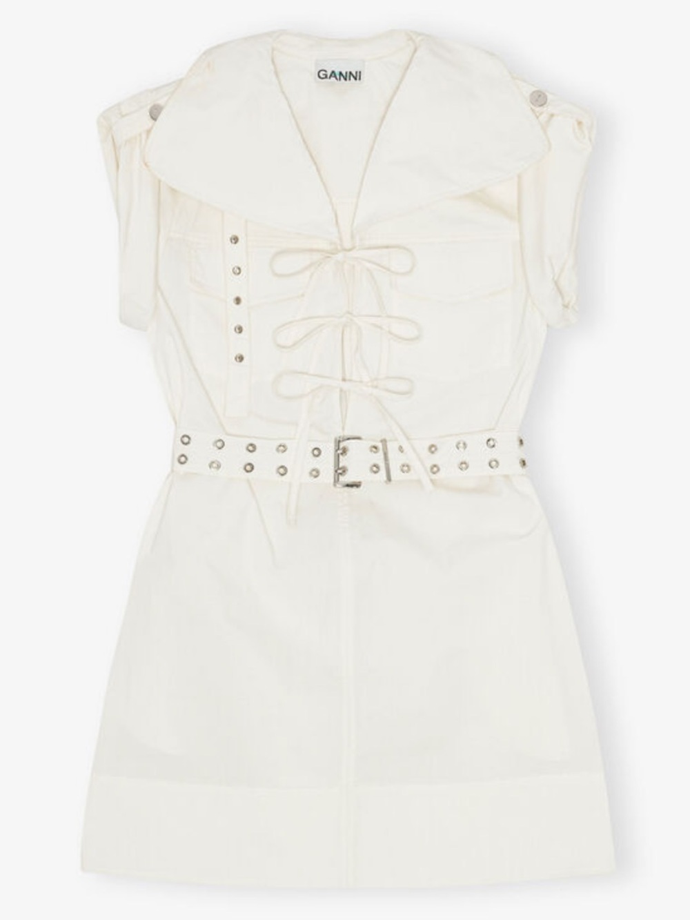 Ganni Cream Lace-Up Mini Dress with Grommet Belt